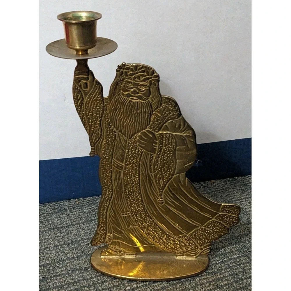 Vtg Brass Santa Claus Candlestick Holder Father Christmas Decor 8.5